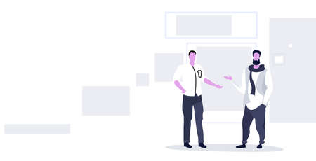 two business men discussing new project during meeting businesspeople colleagues standing together teamwork concept modern office interior sketch horizontal full length vector illustrationのイラスト素材