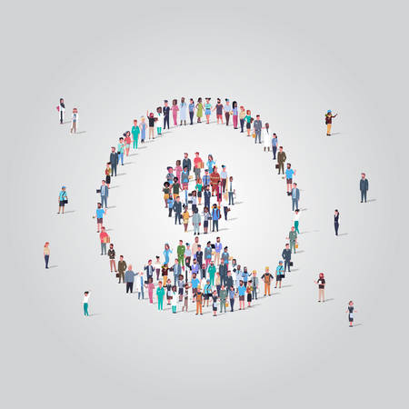 people crowd gathering in user avatar shape social media communication profile concept different occupation employees group standing together full length vector illustrationのイラスト素材