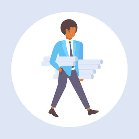 man architect holding rolled up blueprints engineer panning new project architecture construction industry concept contractor with architectural projects full length flat vector illustrationのイラスト素材