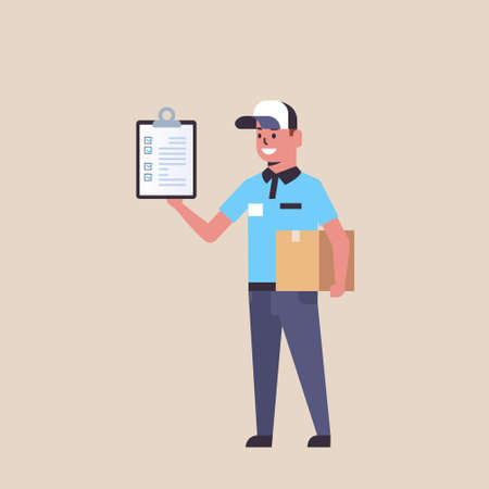postman in uniform holding cardboard parcel box and receiving form clipboard smiling courier express delivery service concept flat full length vector illustrationのイラスト素材