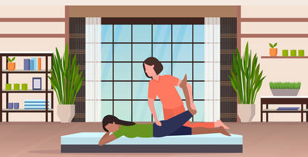 personal trainer doing stretching exercises with african american girl fitness instructor helping woman to stretch muscles workout concept modern yoga studio interior full length horizontal vector illustrationのイラスト素材