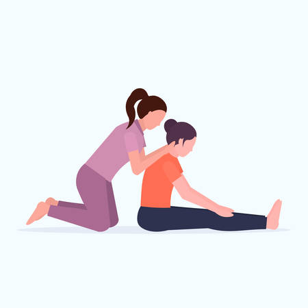 female personal trainer doing stretching exercises with girl fitness instructor helping woman to stretch muscles workout concept flat full length vector illustrationのイラスト素材