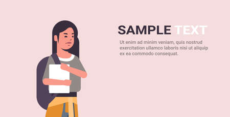 young student teenage girl holding book woman with backpack education concept flat female cartoon character horizontal portrait copy space vector illustrationのイラスト素材