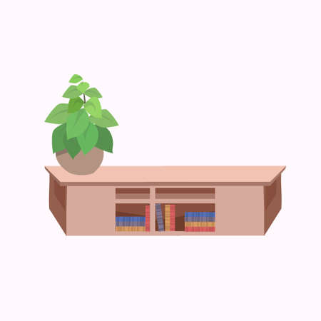 decoration plant in pot on wooden table cafe furniture flat vector illustrationのイラスト素材