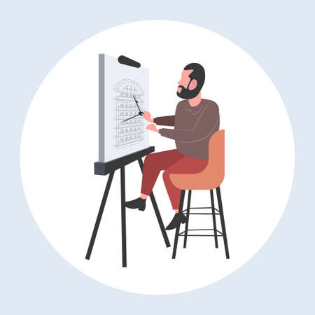 man architect using compass engineer drafting house project on adjustable drawing board desk housing contractor designing house plan with measuring tools full length vector illustrationのイラスト素材