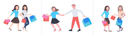 set people with colorful purchases big seasonal sale shopping concepts collection male female shoppers holding paper bags flat full length horizontal vector illustrationのイラスト素材