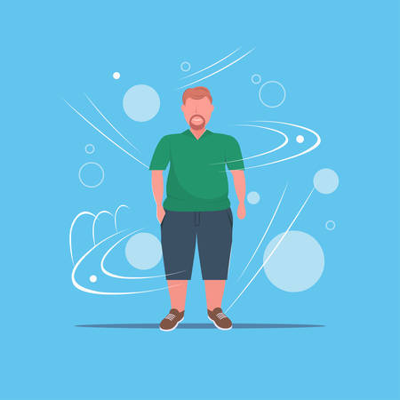 fat overweight man standing pose unhealthy lifestyle concept obese guy in casual clothes over size male cartoon character full length flat vector illustrationのイラスト素材