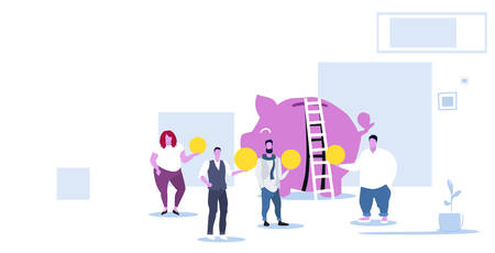 business people group investing money into piggy bank investment crowdfunding concept businesspeople holding coins standing together modern office interior sketch horizontal vector illustrationのイラスト素材