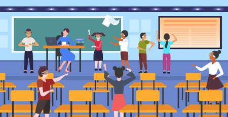 mix race pupils wearing modern 3d glasses schoolchildren experiencing virtual reality through headset during lesson vr digital technology concept school classroom interior flat horizontal vector illustrationのイラスト素材