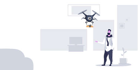 casual man receiving parcel gift box from express air mail drone delivery concept modern apartment living room interior sketch horizontal full length vector illustrationのイラスト素材