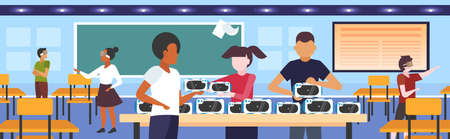 students testing 3d glasses mix race teenagers wearing virtual reality digital goggles headset vision vr technology concept modern classroom interior flat horizontal vector illustrationのイラスト素材