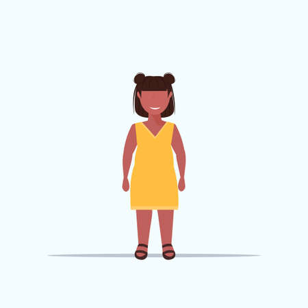 overweight smiling girl over size child standing pose unhealthy lifestyle concept obese african american female cartoon character full length flat white background vector illustrationのイラスト素材