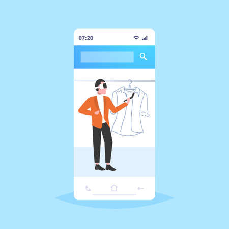 man wearing 3d glasses holding controller guy experiencing virtual reality choosing shirt through headset online shopping augmented digital technology concept smartphone screen flat full length vector illustrationのイラスト素材
