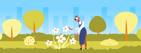 man wearing 3d glasses holding controller painter with color palette drawing flower experiencing virtual reality through headset augmented technology concept flat full length vector illustrationのイラスト素材