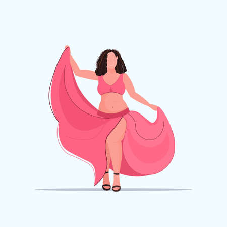 fat overweight body positive girl standing pose obese smiling woman dancing in dress over size female cartoon character full length flat vector illustrationのイラスト素材