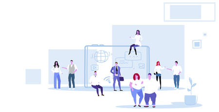 businesspeople group using laptop social media communication concept business people team connecting online networking and chatting modern office interior sketch horizontal full length vector illustrationのイラスト素材