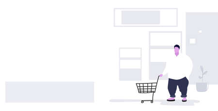 fat overweight man pushing trolley cart buying products in grocery shop food shopping concept modern supermarket interior sketch horizontal full length vector illustrationのイラスト素材