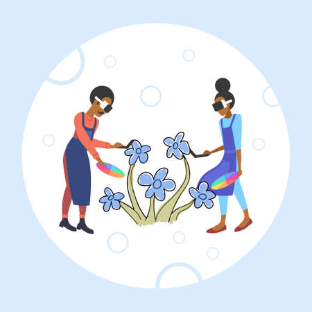 couple wearing 3d glasses holding controller painters with color palette drawing flower experiencing virtual reality through headset augmented technology concept sketch doodle full length vector illustrationのイラスト素材