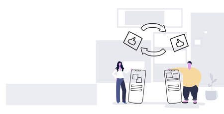 couple holding smartphones thumbs up transfer man woman using mobile app social media communication data sharing concept sketch full length horizontal vector illustrationのイラスト素材