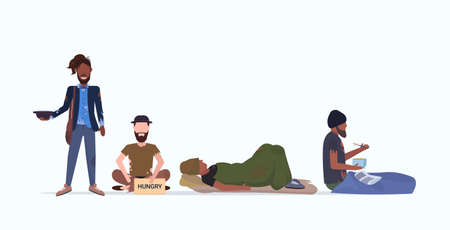 tramps poor homeless characters needing money beggars group begging for help unemployment homeless jobless concept flat full length horizontal vector illustrationのイラスト素材
