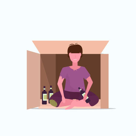sad man drunk beggar sitting in cardboard box with bottle of alcohol homeless jobless unemployment concept male cartoon character flat full length vector illustrationのイラスト素材