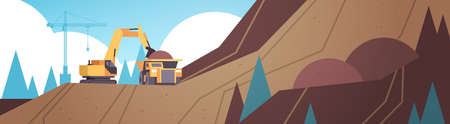 heavy excavator loading soil on dump truck professional equipment working on coal mine production...