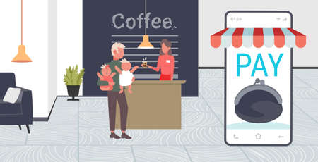 father with little son and daughter at cafe counter using mobile application paying for coffee family having fun spending time together modern cafeteria interior flat full length horizontal vector illustrationのイラスト素材