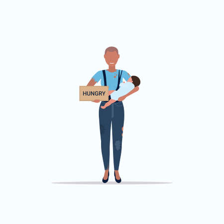 sad mother with little baby beggar holding sign board with hungry text tramp woman with child begging for help homeless poverty concept flat full length white background vector illustrationのイラスト素材