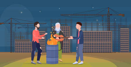 poor men group warming by fire beggars playing guitar standing near burning garbage in barrel homeless jobless unemployment concept construction site background horizontal flat full length vector illustrationのイラスト素材