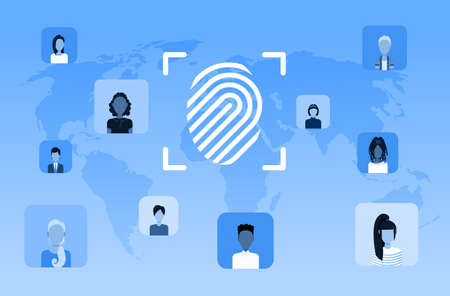 biometric fingerprint security data protection access future computer technology user identification concept world map background flat horizontal vector illustrationのイラスト素材