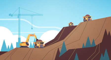 professional equipment working on coal mine production extraction industry mining transport concept opencast stone quarry mountain background flat horizontal vector illustrationのイラスト素材