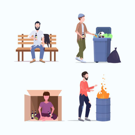 set tramps poor homeless characters needing help different beggars unemployment men homeless jobless concepts collection flat full length vector illustrationのイラスト素材