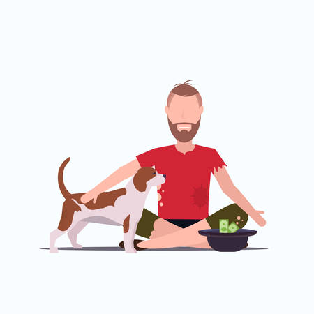 poor bearded man with dog sitting on floor beggar guy begging for money homeless jobless concept white background full length vector illustrationのイラスト素材