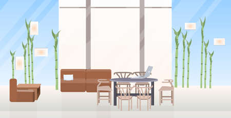 empty no people creative co-working center contemporary lounge area with furniture modern office interior flat horizontal vector illustrationのイラスト素材