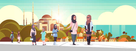 arabic people walking outdoor arab women wearing traditional clothes arabian cartoon characters over...