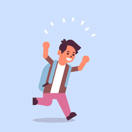 schoolboy with backpack running back to school education concept male pupil having fun flat full length vector illustrationのイラスト素材
