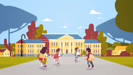 rear view children group with backpacks running back to school education concept mix race pupils in front of building landscape background flat full length horizontal vector illustrationのイラスト素材
