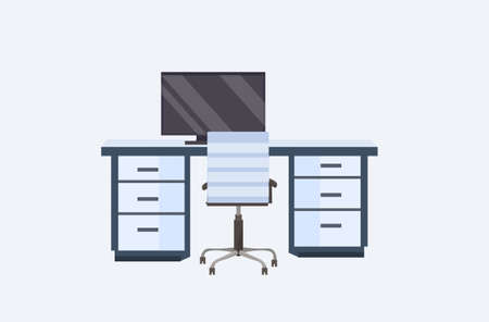 empty no people modern workplace desk with computer monitor contemporary office furniture flat horizontal vector illustrationのイラスト素材