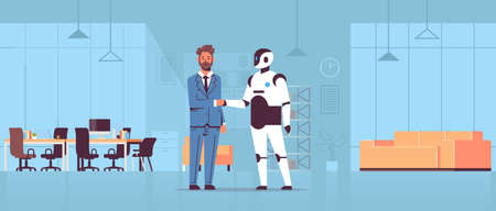 businessman and robot handshaking during meeting agreement partnership concept artificial intelligence futuristic mechanism technology modern office interior full length horizontal vector illustrationのイラスト素材