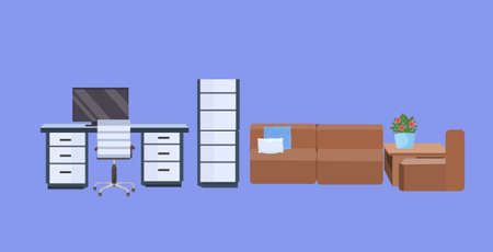 empty no people workspace modern workplace desk with computer monitor contemporary office furniture flat horizontal vector illustrationのイラスト素材