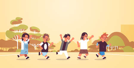 school children group running together elementary age schoolchildren group having fun outdoor male female pupils landscape background flat full length horizontal vector illustrationのイラスト素材