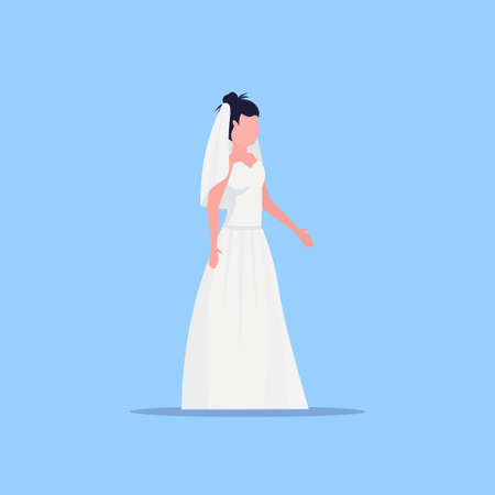 romantic bride in white dress young girl in gown model standing pose wedding concept flat full length blue background vector illustrationのイラスト素材