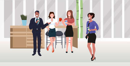 businesspeople discussing during meeting coffee break concept business people mix race employees standing together modern office lounge area interior horizontal flat full length vector illustrationのイラスト素材