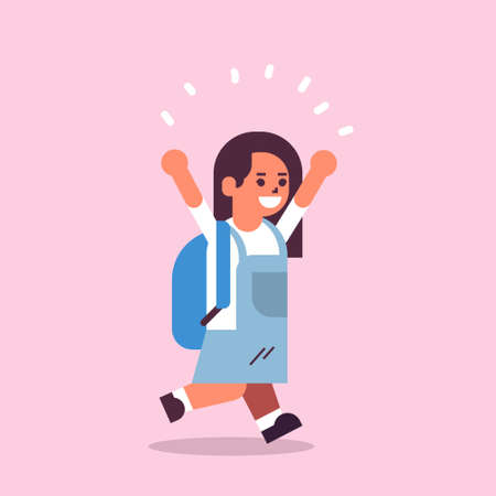 schoolgirl with backpack running back to school education concept female pupil having fun flat full length vector illustrationのイラスト素材