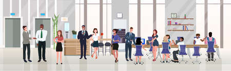 businesspeople employees successful teamwork concept hardworking process open space creative co-working center modern workspace office interior flat horizontal full length vector illustrationのイラスト素材