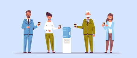 businesspeople office workers talking and drinking water while standing near cooler employees having break concept flat full length horizontal vector illustrationのイラスト素材