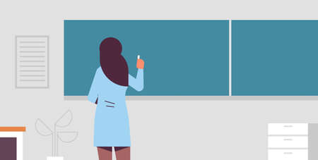 arab female school teacher standing in front of green chalk board rear view woman in traditional clothes writing on chalkboard education concept modern classroom interior flat portrait horizontal vector illustrationのイラスト素材