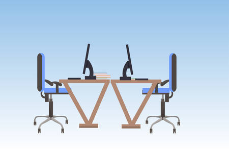 empty no people two sides workspace modern workplace desk with computer monitors flat horizontal vector illustrationのイラスト素材