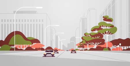 cars driving road modern city panorama with street lamps skyscrapers urban cityscape background flat horizontal banner vector illustrationのイラスト素材