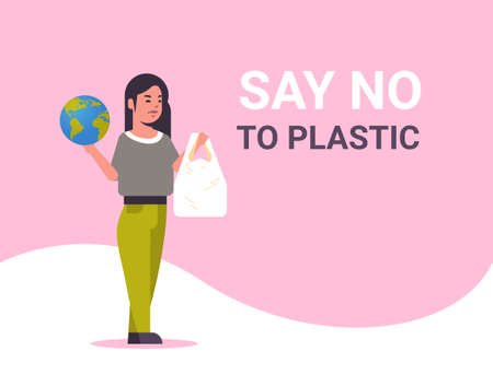 woman holding planet and polythene bag say no plastic pollution recycling ecology problem save the earth concept female eco activist full length flat horizontal vector illustrationのイラスト素材